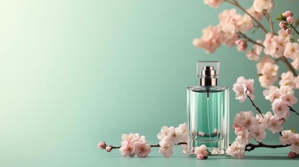 a-perfume-bottle-standing-on-a-branch-of-pink-cherry-blossoms-with-light-green-background-3-photo